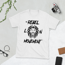 Load image into Gallery viewer, RLM Short-Sleeve Men’s  White T-Shirt (Lion’s head on back RLM Lettering left sleeve)